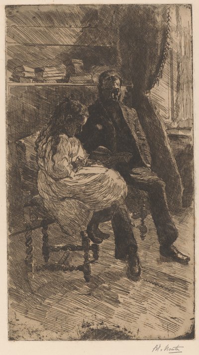 室内，一个男人和一个女孩一起读书 作者 Barbara Elisabeth van Houten（艺术家签名）