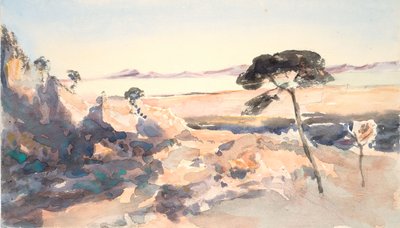 风景：有粉色山峦的树（水彩和石墨，水粉纸） 作者 芭芭拉·利·史密斯·博迪雄