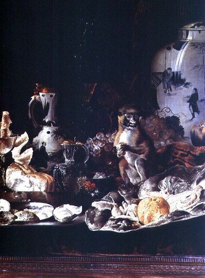 与猴子和中国瓷器的异乎寻常的静物画 作者 Barend或Bernardus van der Meer