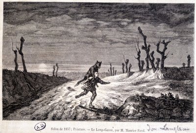 狼人（狼人）攻击一个人 - 来自美联社。 莫里斯·桑 (Maurice Sand) 的画作在 1857 年的沙龙上展出。 作者 杜德万特男爵让·弗朗索瓦·莫里斯（后）沙