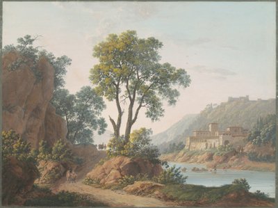 带有城堡和旅行者的河流景观 作者 Baron Louis Albert Guillain Bacler d'Albe