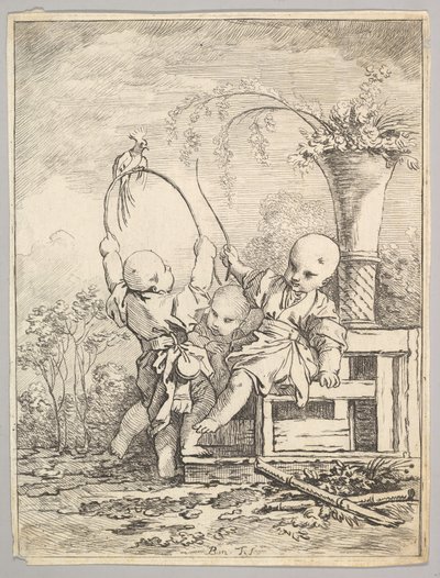 中国儿童与鹦鹉的游戏，1760-70。 作者 Baron de Thiers Louis Antoine Crozat