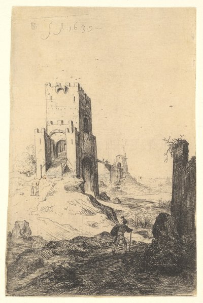 蓬泰马mmolo看法，一座桥梁在背景中，与舷梯的一个塔在中间地面…，1639年。 作者 巴托洛缪斯·布伦伯格