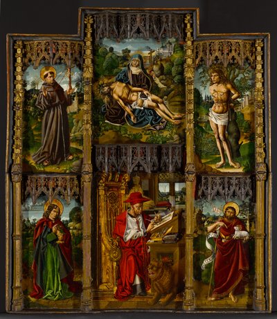 便携式祭坛画：Pietà，Saints Francis，Sebastian，John the Eowgelist，Jerome和John the Baptist，c.1500 作者 BartoloméBermejo