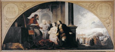 Santa Maria Maggiore（圣母玛利亚大教堂）的基础。 贵族约翰和他的妻子向罗马教皇利贝里（Liberius）（352-366 年的教皇）透露了他们的梦想。 Bartolome Esteban Murillo (1617-1682) 的绘画 作者 巴斯托洛梅·埃斯特万·穆里略