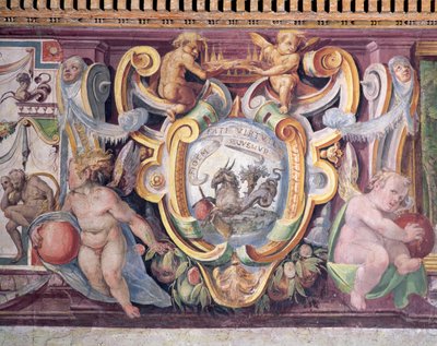托斯卡纳大公的Sala del Granduca di Toscana大厅详细描绘了黄道十二宫的标志，摩羯座，Francesco deMedici 1541-87 1564-75壁画的标志 作者 Bartolomeo Ammannati