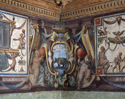 托斯卡纳大公的Sala del Granduca di Toscana大厅详细描绘了黄道十二宫，犀牛，1564-75壁画的楣 作者 Bartolomeo Ammannati