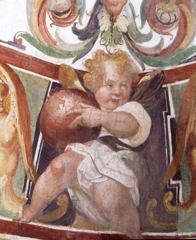Francesco deMedici 1541-87的Studiolo研究装饰描绘一个putto举行地球仪，1564-75壁画的细节 作者 Bartolomeo Ammannati