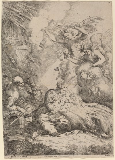 被天使爱戴的神圣家庭（大型耶稣诞生）。 作者 Bartolomeo Biscaino