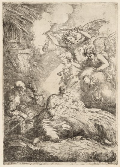被天使爱戴的神圣家庭 大型耶稣诞生图，约1655年。 作者 Bartolomeo Biscaino