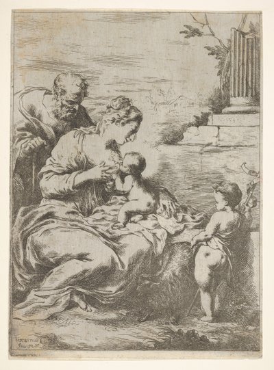 神圣家族，右边有婴儿浸礼会圣约翰，1650-57年。 作者 Bartolomeo Biscaino