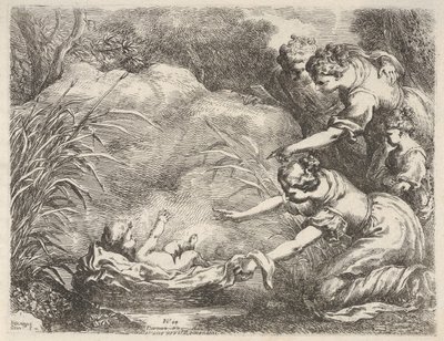 被法老王的女仆从尼罗河中救出的摩西的发现...，1650-57年。 作者 Bartolomeo Biscaino