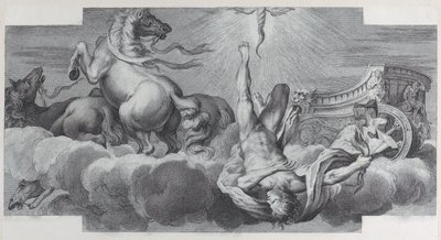 图版34：战车手奥里加，从中间的战车上掉下来，左边是三匹马...，1756年。创作人：巴托洛梅奥-克里维拉里，加布里埃尔-索德林。 作者 Bartolomeo Crivellari, Gabriel Söderling