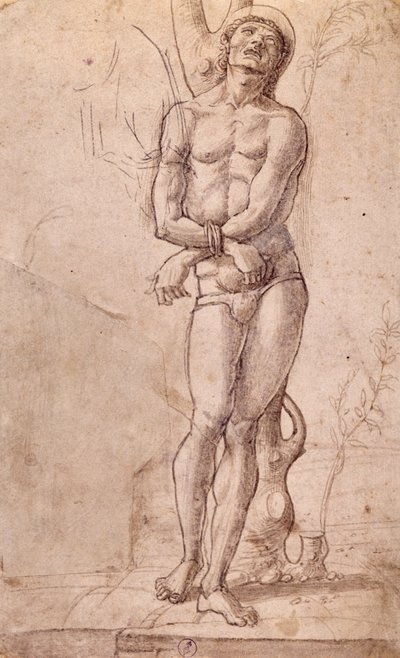 圣塞巴斯蒂安，约 1475 年，由 Bartolomeo Montagna（约 1450-1523 年）绘制，钢笔和棕色墨水，棕色水洗，厘米 20x15，意大利 作者 蒙大拿州Bartolomeo