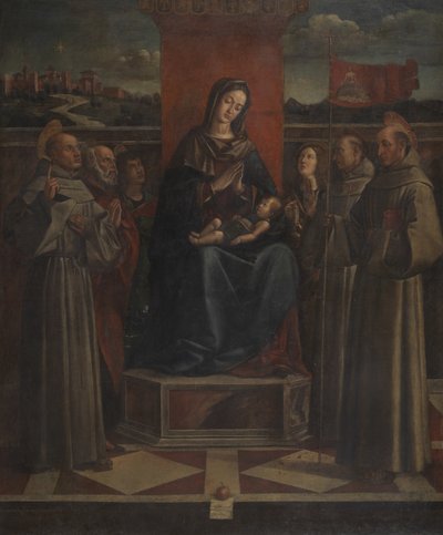 处女和儿童被六圣徒合并，约公元1500年 作者 蒙大拿州Bartolomeo