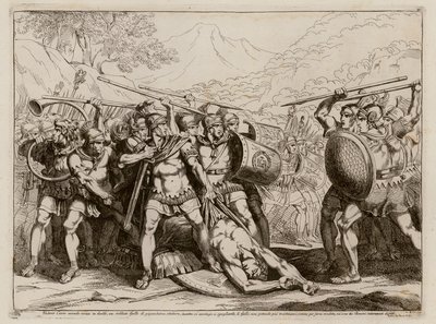 公元前 349 年，马库斯-瓦莱里乌斯-科尔沃斯（Marcus Valerius Corvus）单挑杀死高卢巨人后，罗马人与高卢人之间的战斗（蚀刻版画 作者 Bartolomeo Pinelli