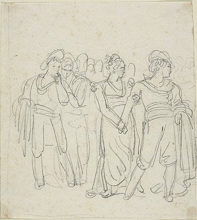 旅长被一名妇女拖住（正面）；风景中的两个人物素描（背面） 作者 Bartolomeo Pinelli