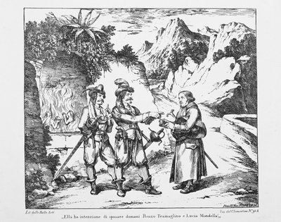 Don Abbondio遇到两个Bravi，Bartolomeo Pinelli（1781-1835）为Alessandro Manzoni（1785-1873）的《The Betrothed》绘制的石版画，意大利，19世纪 作者 Bartolomeo Pinelli