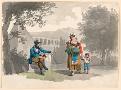 素描，1807 年，一名妇女手牵着一名男孩，与一名坐在坎帕尼亚废墟中的绅士擦肩而过 作者 Bartolomeo Pinelli