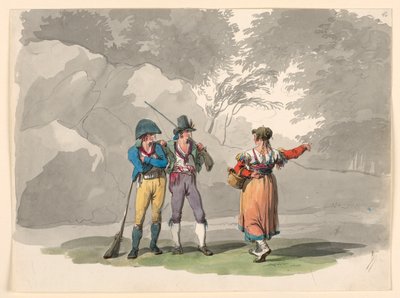 绘画，一个女人和两个持枪的男人。那不勒斯王国的服饰，1807-08 年 作者 Bartolomeo Pinelli