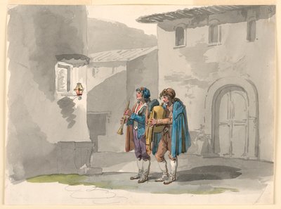 素描，"Pifferari"，罗马阿布鲁齐的两个吹笛者，1807-1808 年 作者 Bartolomeo Pinelli
