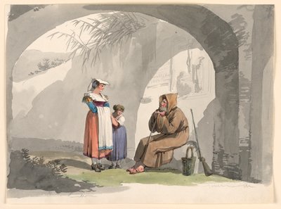 素描，两个来自弗拉斯卡蒂的女孩拜访一位隐士，1807 年 作者 Bartolomeo Pinelli