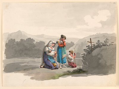 绘画，带着婴儿的妇女在标记其丈夫被杀地点的十字架前祈祷，1807-1808 年 作者 Bartolomeo Pinelli