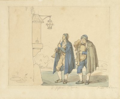 房屋前的长笛手和风笛手
Li Pifferari in Roma（标题见实物） 作者 Bartolomeo Pinelli