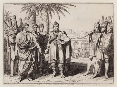 盖乌斯-波皮利乌斯-莱纳斯（Gaius Popillius Laenas）在安提阿哥四世-埃皮法内斯周围的沙地上画了一个圈（蚀刻版画 作者 Bartolomeo Pinelli
