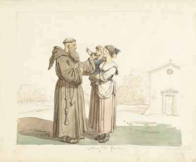 带着孩子的年轻女子站在僧侣面前 作者 Bartolomeo Pinelli