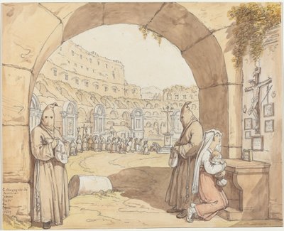 斗兽场的忏悔者在祭坛前祈祷》（La Compagnia dei sacconi al Colosseo） 作者 Bartolomeo Pinelli