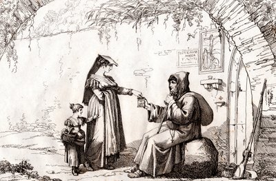 来自弗拉斯卡蒂的妇女和一位隐士，巴托洛梅奥-皮内利的蚀刻画（罗马 作者 Bartolomeo Pinelli