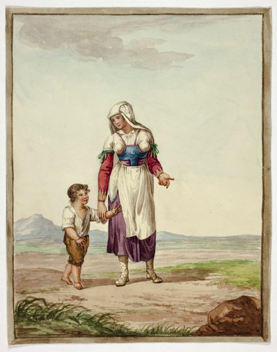 身着土著服饰的妇女与路上的男孩 作者 Bartolomeo Pinelli