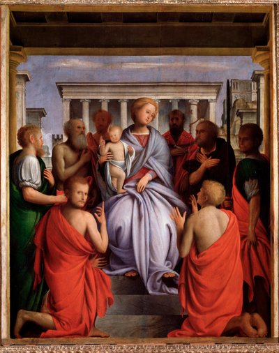 Madonna col Bambino e otto santi（圣母子与八位圣徒，麦当娜与八位圣徒的孩子）巴托洛梅奥·苏阿尔迪（Bartolommeo Suardi）的绘画说布拉曼蒂诺（1465-1530）1515-1520 暗淡 214x104 厘米佛罗伦萨，皮蒂宫 作者 Bartolomeo Suardi Bramantino