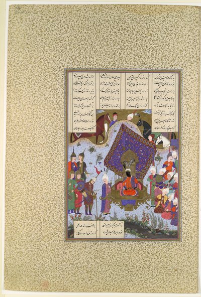 Shahnama的Folio 146r，“在Kai Kavus之前使Rustam痛苦” 作者 巴什丹·卡拉