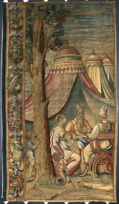 莫伊兹与叶忒罗和塞芙拉 Dionys Martensz 根据卢卡-坎比亚索（1527-1584 年）1561-1564 年在布鲁塞尔制造厂制作的纸盒绘制的挂毯。391x141.2 厘米 热内斯，新大道博物馆 作者 比利时学校