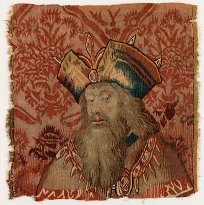 描绘牧师或国王头像的挂毯面板，可能制作于比利时图尔奈，可能制作于 16 世纪早期（羊毛）。 作者 比利时学校