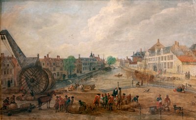 根特 Lievekaai 和 Augustijnenkaai 与木制起重机的视图，Engelbert van Siclers 18 世纪绘画的复制品 作者 比利时学校