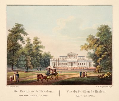 在Jaarlem的亭子里，van den Hout看到了。 Vue du Pavillon de Harlem，1825年杜博伊斯奖（手工彩色雕刻） 作者 本德里克·格雷文（Bendrik Greeven）