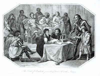彭布罗克伯爵将亨利三世（1207-72）呈现给男爵，1216年由桑德斯镌刻 作者 贝内察赫