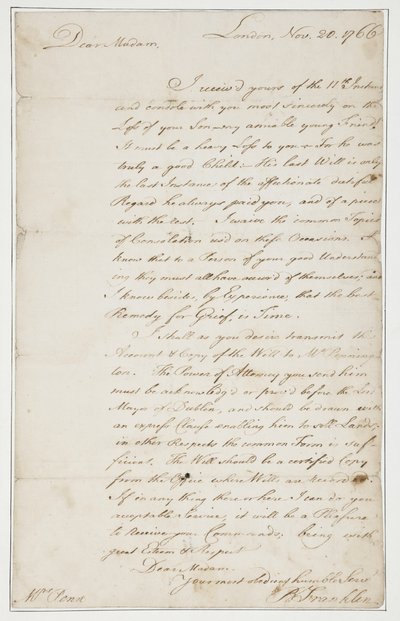1766年11月20日，伦敦给安·潘夫人的亲笔签名信（纸上和墨水） 作者 本杰明·富兰克林