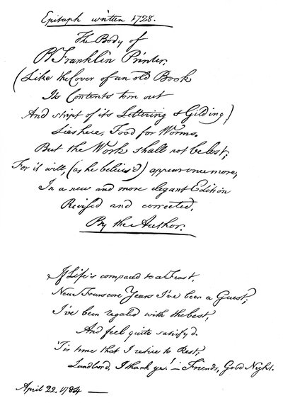 本杰明·富兰克林斯墓志铭，他自己写，1728年，1840年 作者 本杰明·富兰克林