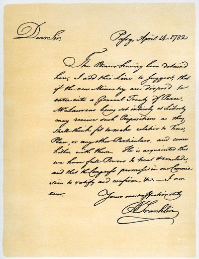 本杰明·富兰克林（Benjamin Franklin）给大卫·哈特利（David Hartley）议员的信，1782年4月14日。 作者 本杰明·富兰克林