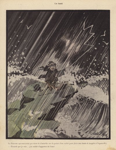 监督：一位水彩画家站在岩石上画暴风雨，感叹自己忘了带水（石版画） 作者 本杰明·拉比尔