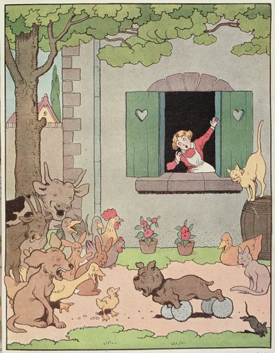 农场动物因格罗尼亚的失败而欢欣鼓舞，《Placide et Gedeon》插图，1926 年（彩色平版印刷） 作者 本杰明·拉比尔