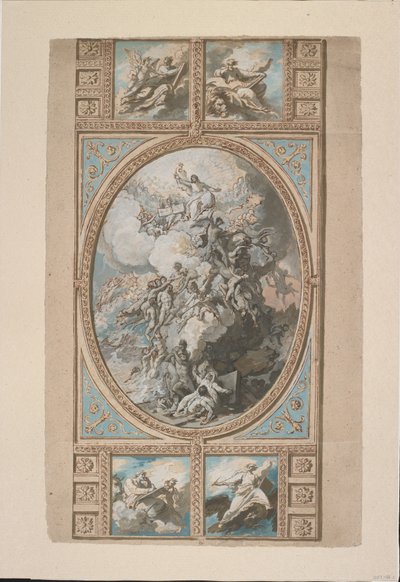 皇家礼拜堂的天花板装饰设计，温莎城堡（正面），c.1779（黑色粉笔，钢笔和棕色墨水和水彩，加上白色，灰色和蓝色的体色和棕色水洗 作者 本杰明·韦斯特
