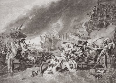 1692年5月22日，La Hogue战役，毁灭法国舰队，来自“英国和苏格兰历史插图”第二卷 作者 本杰明·韦斯特