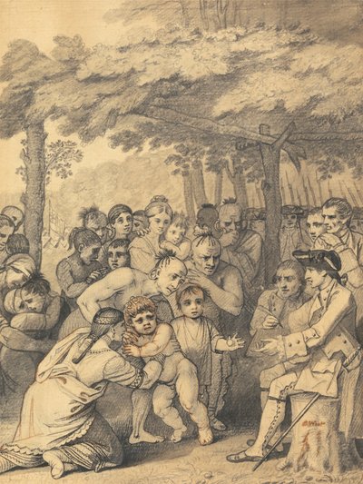 1764 年 11 月和 1765 年，印第安人将英国俘虏交给布凯上校，他位于北美马斯金格姆的营地附近 作者 本杰明·韦斯特