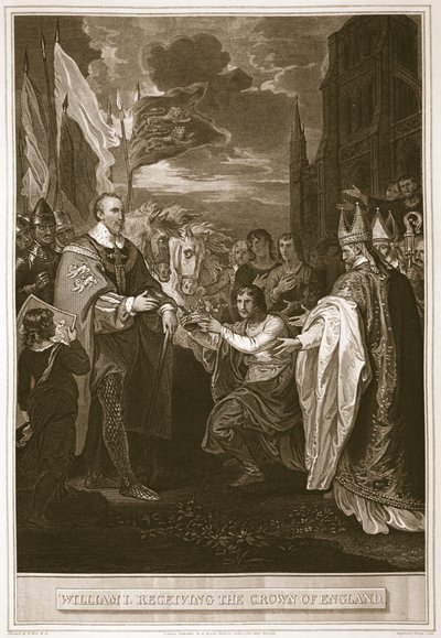 威廉一世获得英格兰王冠，由乔治·诺布尔（George Noble）刻，大卫·休姆（David Hume）的“英国历史”（The History of England），插图。作者：R. Bowyer，伦敦，1812年 作者 本杰明·韦斯特