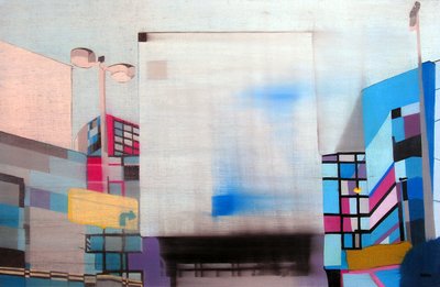 透过车窗的洛杉矶市中心，2003 年（两块并列画布上的油彩） 作者 伯努瓦·埃尔万·布歇罗